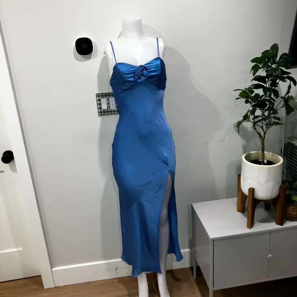 Blue satin maxi dress with 3D floral detail